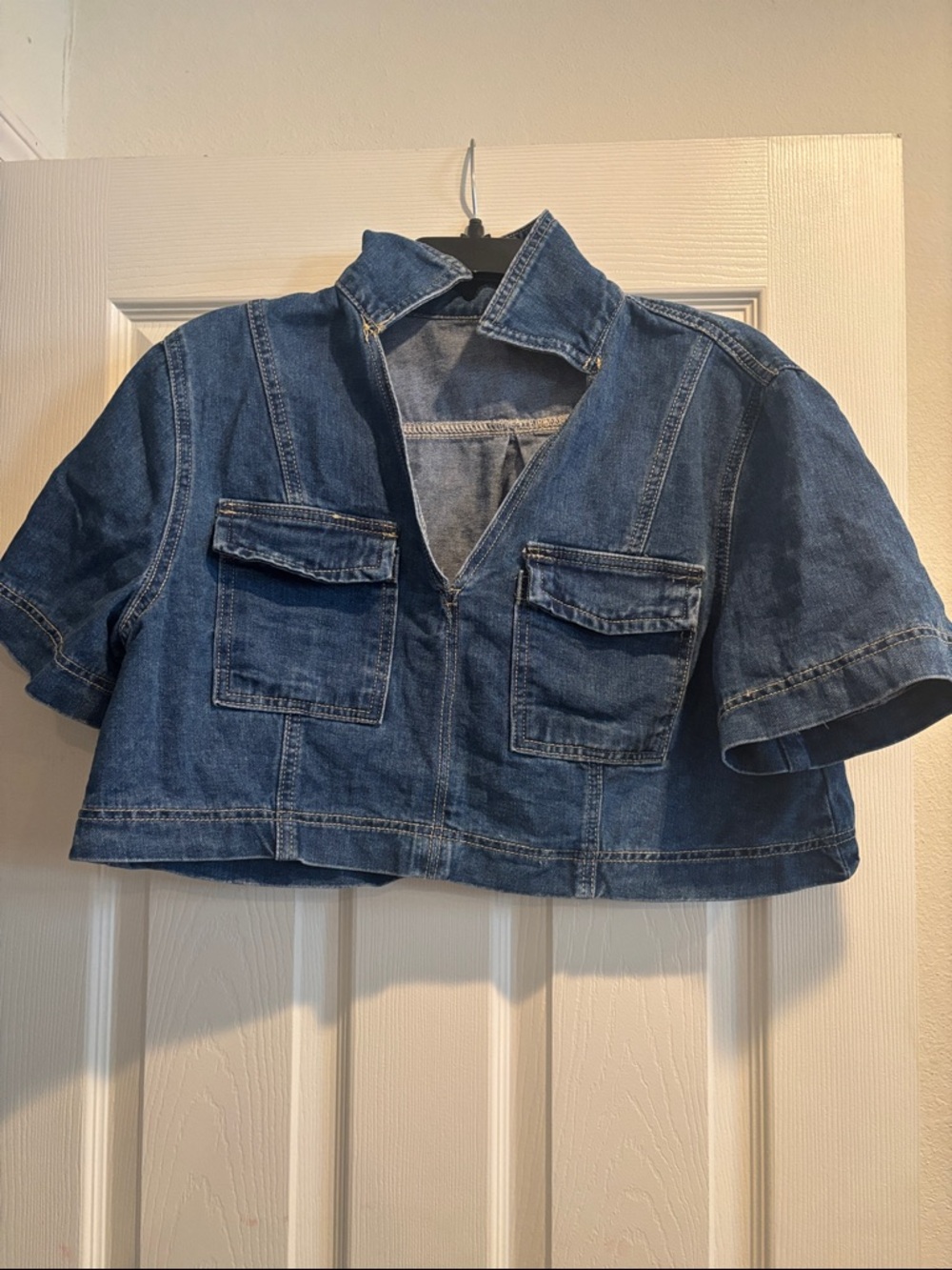 Cropped Denim Jacket with Front Pockets